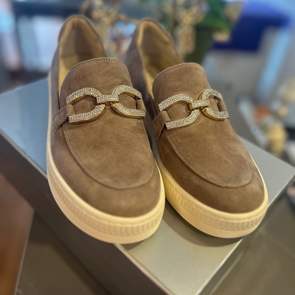 VANELi: Women’s “YSALDE” Taupe Suede Slip-On Loafers with Crystal Chain Accent